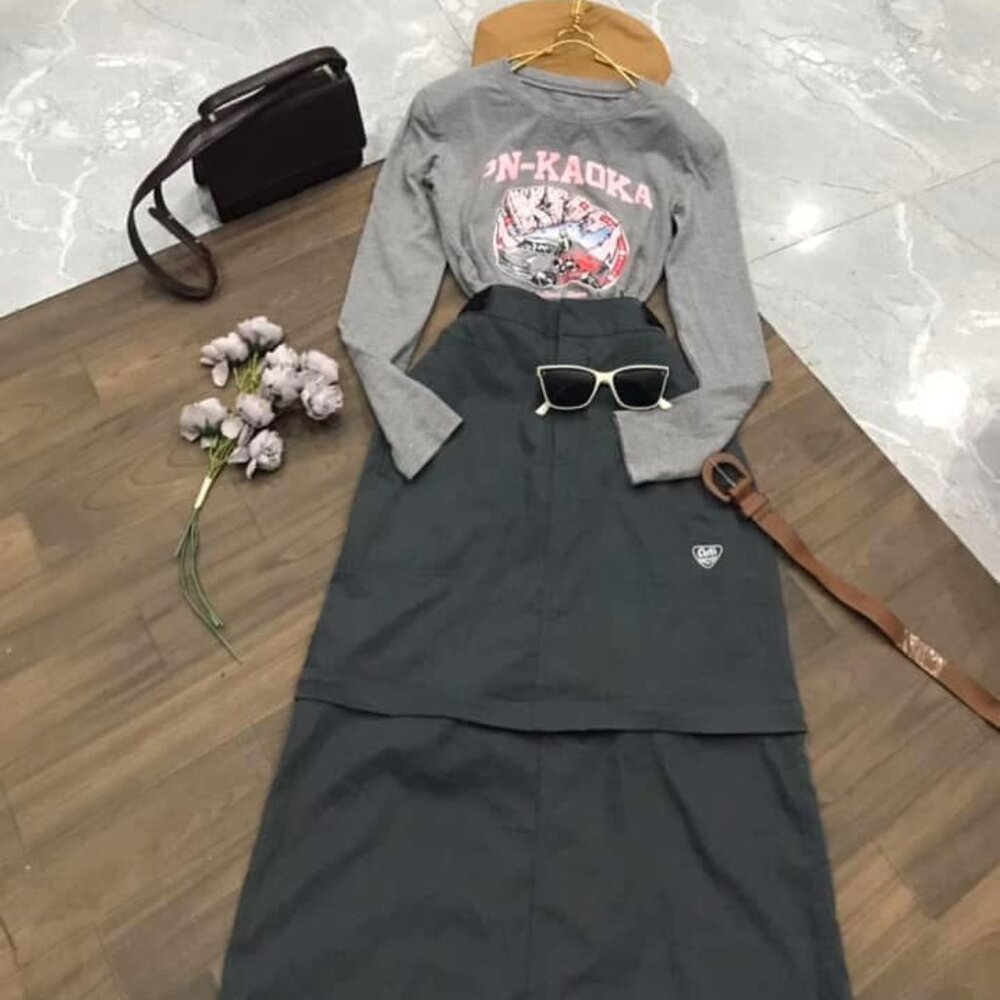 Gray Graphic Tee & Olive Green Layered Midi Skirt Set